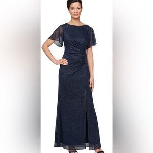 SLNY Glitter Mesh Sheath Gown with Beaded Shoulder in Navy Blue Prom